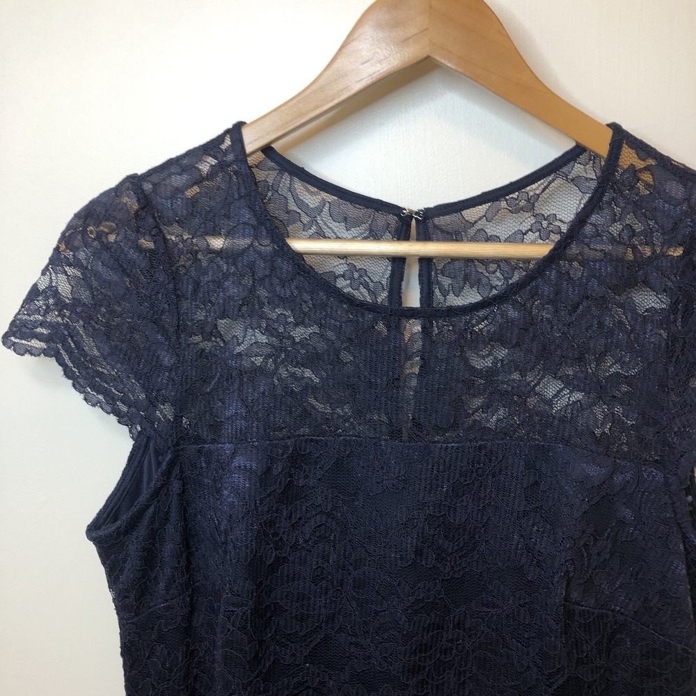 Women's Sheath Dress Lace By Donna Ricco NY Navy Blue Sz 8– Elegant Cocktail